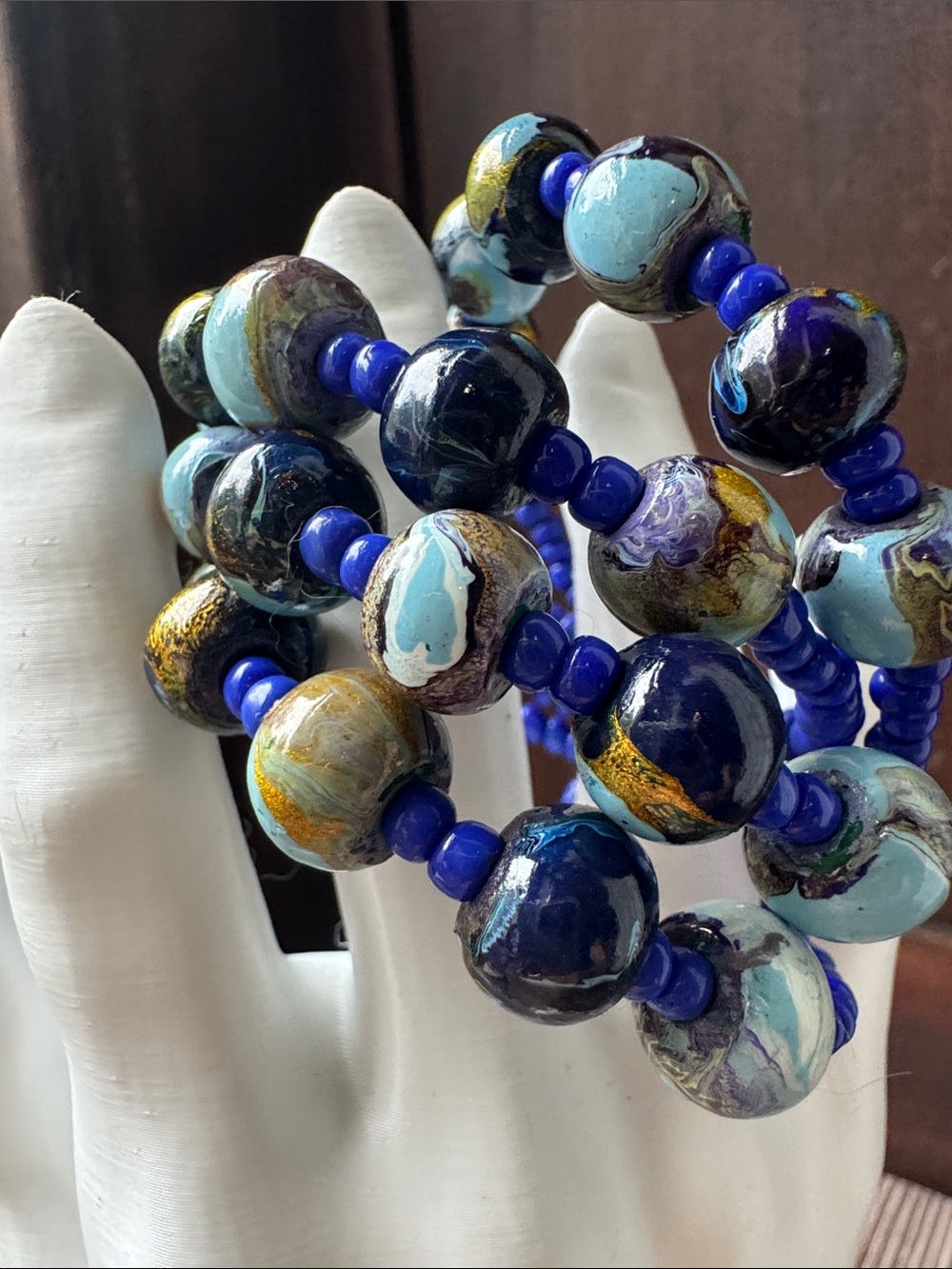Handcrafted Blue and Gold Glass Bead Bracelet